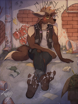 4_toes against_surface against_wall alley angry annoyed anthro atmosphere barefoot bodily_fluids bottomwear brick_wall broad_shoulders brown_body brown_fur chest_tuft clothed clothing confident_expression crossed_ankles cum cum_drip cum_on_feet cum_string denim denim_bottomwear denim_clothing detailed_background dirty dirty_feet dirty_floor dripping feet fluffy fluffy_tail foot_focus fur genital_fluids glowing graffiti grunge hair half-closed_eyes hindpaw humanoid_feet jeans leather leather_clothing leather_topwear leather_vest light male markings messy_background messy_feet mohawk muscular narrowed_eyes open_clothing open_topwear open_vest pants paper_debris paws plantigrade pose relaxing setting shirt sitting sleeveless_vest slouched soles solo spilled_trash spots spotted_body spotted_fur spread_toes sticky street_lamp studded_vest tail tan_body tan_fur tight_bottomwear tight_clothing tight_pants toes topwear torn_bottomwear torn_clothing torn_jeans torn_pants trash trash_can tuft urban urban_environment vest wall_(structure) white_clothing white_shirt white_topwear theo_young pierre_(dirtypaws) canid canine canis coyote hybrid hyena mammal absurd_res digital_media_(artwork) hi_res lighting shaded