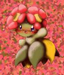 abstract_background ambiguous_gender blue_eyes blush bodily_fluids flower head_flower plant pseudo_bottomwear pseudo_clothing pseudo_skirt solo sweat pasaran nintendo pokemon bellossom generation_2_pokemon pokemon_(species)