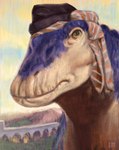 anthro aqueduct black_clothing black_hat black_headwear blue_markings clothing digital_pastel_(artwork) fantasy hat headgear headscarf headwear impressionist_background landscape long_neck looking_aside male markings mountain outside pattern_clothing solo striped_clothing stripes dyna_soar dinosaur diplodocid diplodocus prehistoric_species reptile sauropod sauropodomorph scalie 2024 digital_drawing_(artwork) digital_media_(artwork) headshot_portrait hi_res portrait signature