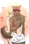 anthro blonde_hair brown_body brown_fur duo eyes_closed eyewear female fur hair hand_holding happy_valentine heart_symbol holidays male male/female muscular muscular_male nude sunglasses text towel towel_around_waist towel_only year marlendlucy corrector_yui valentine's_day war_wolf yui_kasuga canid canine canis human mammal wolf 2020 2:3 english_text hi_res