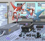 ambiguous_gender badge blue_wings book door duo eyewear feral floating glowing goggles laser laser_beam lens machine post-it_note purple_text red_scarf red_text scarf scientific_instrument stylus telekinesis text white_text wings wire lilarrin nintendo pokemon generation_3_pokemon latias latios legendary_pokemon pokemon_(species) 2023 artist_name english_text hi_res