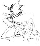 anthro ball black_sclera cape claws clothing flaccid genitals horn male naughty_face penis sharp_teeth solo teeth heibanhikaru bandai_namco digimon digimon_ghost_game digimon_(species) gulusgammamon scalie absurd_res hi_res monochrome sketch