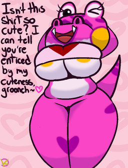 anthro areola areola_slip big_breasts bottomless breasts clothed clothing female first_person_view hands_behind_head looking_at_viewer one_eye_closed seductive skimpy slightly_chubby slightly_chubby_female solo teasing text thick_thighs tight_clothing under_boob wide_hips wink winking_at_viewer klutzatdusk animal_crossing nintendo liz_(animal_crossing) alligator alligatorid crocodilian reptile scalie english_text