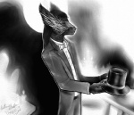 anthro candle clothed clothing dark fully_clothed hat headgear headwear holding_clothing holding_hat holding_headgear holding_headwear holding_object male mask music_conductor shadow simple_background solo suit top_hat white_background wings undyingsong rayfoxsith canid canine fox mammal 2010 greyscale monochrome