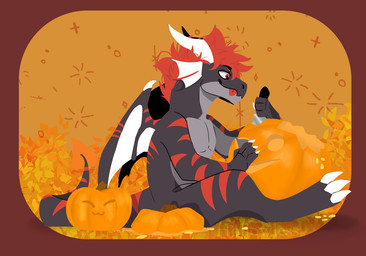 anthro claws hair holidays horn jack-o'-lantern knife male side_view sitting smile solo tail tongue tongue_out wings hollowless halloween mythology phylos_(phylosdesuga) dragon mythological_creature mythological_scalie scalie lineless