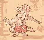 anthro backsack balls bottomwear bulge bulge_from_behind butt clothing crouching furgonomics genitals male muscular rear_view shorts tail tail_clothing tail_sleeve animancer domestic_pig mammal suid suina sus_(pig) warthog 2024 hi_res