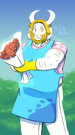 anthro apron beard blonde_hair bouquet clothing facial_hair flower flower_shirt fur furry_arms gloves hair handwear horn male muscular muscular_male plant simple_background smile solo stained_clothing white_body white_fur nestor_forth undertale_(series) asgore_dreemurr bovid caprine goat mammal absurd_res hi_res