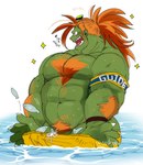 abs anthro body_hair bottomwear chest_hair clothing green_body hair hairy male muscular muscular_anthro muscular_male orange_hair orange_pubes partially_submerged pecs pubes shorts solo hyaku_(artist) capcom street_fighter blanka fish marine monster