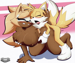 2_tails all_fours anthro anthro_on_anthro anthro_penetrated anthro_penetrating anthro_penetrating_anthro areola big_breasts bite biting_lip blush bodily_fluids breast_grab breasts brown_areola brown_body brown_nipples clothing dark_body dark_skin duo eyes_closed female female_penetrated footwear from_behind_position fur gloves hand_on_breast handwear huge_breasts looking_pleasured male male/female male_penetrating male_penetrating_female mostly_nude multi_tail multicolored_body nipples nude open_mouth orgasm_face penetration sex socks sweat sweatdrop tail two_tone_body white_body white_fur yellow_body yellow_fur knightmoonlight98 idw_publishing sega sonic_the_hedgehog_(comics) sonic_the_hedgehog_(idw) sonic_the_hedgehog_(series) miles_prower whisper_the_wolf canid canine canis fox mammal wolf 2022 hi_res