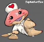 anthro bandage blush bodily_fluids clothing cum cum_covered cum_in_mouth cum_inside cum_on_face cum_on_leg excessive_cum excessive_genital_fluids eyelashes female fungus genital_fluids genitals grey_background hat headgear headwear messy mushroom nurse open_mouth presenting pussy simple_background solo fapmasterflex level-5 yo-kai_watch nurse_tongus elemental_creature fungi_fauna