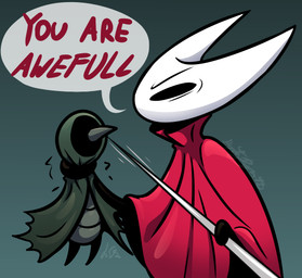 black_arms black_hands cloak cloak_only clothed clothing dialogue duo green_clothing on_model red_cloak red_clothing red_text size_difference speech_bubble text white_head mysterydragon13 hollow_knight:_silksong hollow_knight_(franchise) team_cherry hornet_(hollow_knight) arthropod craw_(silksong) 2025
