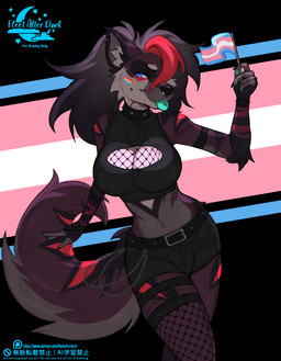 anthro biped bottomwear breasts bulge claws clothed clothed_anthro clothed_gynomorph clothed_intersex clothing countershade_torso countershading fingers front_view fully_clothed fully_clothed_anthro fully_clothed_gynomorph fully_clothed_intersex fur gynomorph intersex looking_at_viewer navel piercing smile solo standing stripes tail teeth tongue topwear fleet-foot hyena mammal 2026 digital_drawing_(artwork) digital_media_(artwork) hi_res