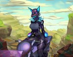 anthro belt big_breasts black_body blue_sclera breasts clothed clothing cloud detailed_background female glowing leather looking_at_viewer motorcycle neon pink_eyes sky smile solo vehicle scarlet_side epic_games fortnite fortnite:_battle_royale pack_leader_highwire canid canine canis mammal wolf illustration 2024 digital_media_(artwork)