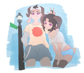 anthro baseball_cap bottomwear brown_body brown_fur clothing duo female fur gesture hand_gesture hand_in_pocket hat headgear headwear horn japanese_flag looking_at_viewer male pockets purple_eyes shirt shorts smile street_lamp tail topwear underwear corablue bovid caprine goat mammal 2025 hi_res