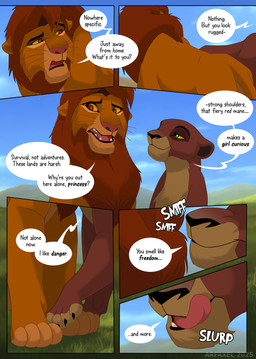 dialogue duo female feral male male/female text arf-fra disney the_lion_king kiara_(the_lion_king) kovu_(the_lion_king) felid lion mammal pantherine comic english_text hi_res