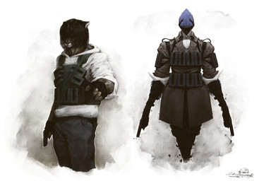 anthro armwear blue_body clothing coat dual_wielding duo elbow_gloves feathers female fingerless_gloves gloves gun hair handgun handwear holding_object holding_weapon hoodie larger_female male messy_hair military pistol pose ranged_weapon rolled_up_sleeves size_difference special_forces topwear vest weapon mikelocesterlanders avian cougar felid feline mammal absurd_res hi_res