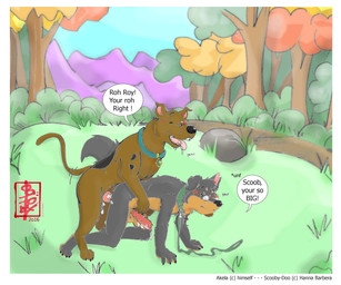 anal anal_penetration animal_genitalia animal_penis anthro anthro_on_feral anthro_penetrated balls bestiality big_top_small_bottom bodily_fluids border canine_genitalia canine_penis collar cum dialogue doggystyle duo erection eyewear feral feral_on_top feral_penetrating feral_penetrating_anthro from_behind_position genital_fluids genitals glasses knot knotted_penis leash male male/male male_penetrated male_penetrating male_penetrating_male mounting penetration penile penile_penetration penis precum sex size_difference size_play speech_bubble text white_border fennec_(artist) hanna-barbera scooby-doo_(series) akela_vincent scooby-doo canid canine canis domestic_dog great_dane mammal mastiff molosser wolf english_text