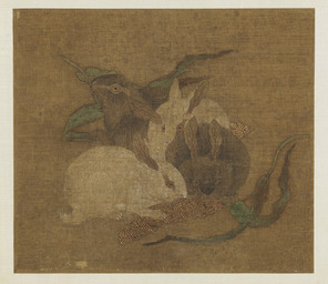 ambiguous_feral ambiguous_gender brown_body brown_fur eating eating_food feral fur group leaf long_ears plant quadruped scut_tail short_tail simple_background standing tail whiskers white_body white_fur cui_bai lagomorph leporid mammal rabbit 11th_century ancient_art hi_res painting_(artwork) traditional_media_(artwork) traditional_painting_(artwork)