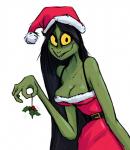 black_hair breasts clothed clothing female green_body green_skin hair holding_holly holidays holly_(plant) plant simple_background solo yellow_eyes keadanger christmas scp_foundation scp-811 amphibian