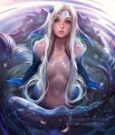 astrological_symbol blonde_hair blue_body blue_eyes blue_scales bodypaint clothed clothing constellation convenient_censorship face_paint female fin fish gills hair hair_covering_breasts head_fin hi_res humanoid looking_up marine merfolk nude personification pisces_(symbol) pisces_(zodiac) sakimichan scales seashell shell solo split_form symbol topless water western_zodiac western_zodiac_symbol