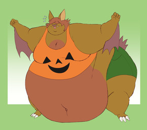 3_toes 4_fingers anthro belly belly_rolls big_belly bodily_fluids bottomwear brown_hair brown_nose brown_wings claws clothed clothed_anthro clothed_male clothing double_chin fangs fat_arms feet fingers fully_clothed fully_clothed_anthro fully_clothed_male green_background green_bottomwear green_clothing green_shorts hair hair_over_eyes huge_belly huge_thighs jack-o'-lantern_print male male_anthro medium_hair membrane_(anatomy) membranous_wings moobs morbidly_obese morbidly_obese_anthro morbidly_obese_male navel obese obese_anthro obese_male orange_clothing orange_shirt orange_tank_top orange_topwear overweight overweight_anthro overweight_male pockets raised_arms shirt shorts simple_background solo standing sweat sweatdrop tank_top teeth thick_thighs toe_claws toes tongue tongue_out topwear white_claws wings sambaba icky_batty bat mammal 2020 absurd_res digital_drawing_(artwork) digital_media_(artwork) english_description flat_colors full-length_portrait hi_res portrait