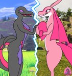 anthro duo female hands_touching happy looking_at_another standing angelasalazzle nintendo palworld pocketpair pokemon generation_7_pokemon lovander pal_(species) pokemon_(species) reptile salazzle scalie hi_res