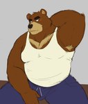 anthro armpit_hair blush body_hair bottomwear brown_body bulge clothed clothing humanoid_hands male overweight overweight_male pants shirt sitting solo tank_top topwear shibacream morenatsu juuichi_mikazuki bear mammal 2021 absurd_res hi_res