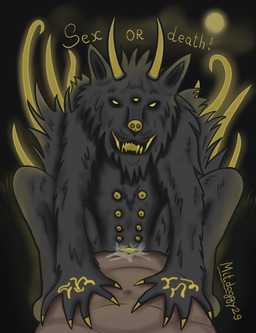 3_eyes animal_genitalia animal_vulva bestiality black_teeth bodily_fluids claws cowgirl_position cum cum_in_vagina cum_inside dialogue dominant dominant_female duo female feral first_person_view forced from_front_position fur genital_fluids genitals glowing grey_body grey_fur grin horn human_on_feral interspecies looking_at_viewer male male/female moon multi_eye multi_nipple night nipples on_bottom on_top open_mouth outside outside_sex penetration penile penile_penetration penis_in_vagina rape sex smile talking_feral talking_to_another talking_to_partner talking_to_viewer teeth tentacles text tongue vaginal vaginal_penetration vulva yellow_eyes mitdoggy29 canid canine demon human mammal monster digital_media_(artwork) hi_res