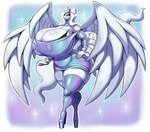 anthro big_breasts biped blush breasts cleavage clothed clothing eyelashes female hair hand_on_hip huge_breasts hyper hyper_breasts legwear nipple_outline pupils solo thick_thighs thigh_highs nopucca nintendo pokemon generation_5_pokemon legendary_pokemon pokemon_(species) reshiram hi_res