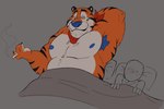 after_sex anthro bed bed_sheet bedding cigarette duo furniture male mascot muscular satisfied satisfied_look smoke smoking y/n unknown_artist frosted_flakes i_love_when_ppl_draw_ships_like_this kellogg's tony_the_tiger felid mammal pantherine tiger hi_res meme