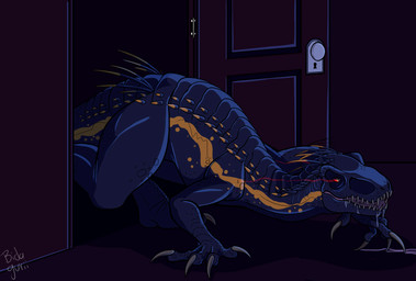 all_fours ambiguous_gender black_body black_scales bodily_fluids claws dark feral gold_scales inside open_mouth quills_(anatomy) red_eyes saliva scales sharp_teeth solo tail teeth toe_claws bidagurii jurassic_park jurassic_world universal_studios ripper_(jurassic_world) dinosaur indoraptor prehistoric_species reptile saurischian scalie theropod 2018 hi_res