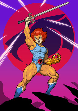 abs anthro armor battle_cry belt biceps boots clothing fangs footwear fur gauntlets gloves hair handwear leotard male male_anthro melee_weapon muscular muscular_anthro muscular_male muscular_thighs open_mouth pecs pose pupils red_eyes red_hair shoes slit_pupils solo sword tan_body tan_fur teeth weapon pokkuti thundercats thundercats_1985 lion-o felid lion mammal pantherine