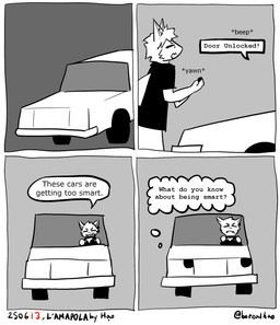 4_panel_comic anthro car clothed clothing collared_shirt dialogue front_view frustrated fur humor male markings name_tag open_mouth pink_eyes sarcasm shirt smart_car solo tail tail_markings text thought_bubble three-quarter_view topwear uniform vehicle white_body white_fur borealhao lamapola yogur_(lamapola) aquatic fish furred_fish furred_shark shark absurd_res comic english_text hi_res meme
