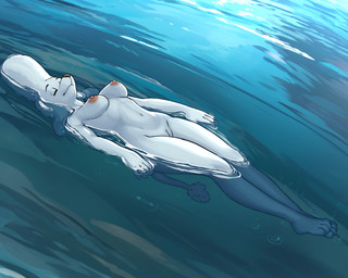 4_toes anthro areola breasts bubble detailed_background ears_in_water feet female fur genitals knees_in_water legs_in_water legs_submerged nude nude_anthro nude_female partially_submerged relaxed_expression relaxing skinny_dipping solo swimming tail tail_tuft toes tuft vulva water white_body white_fur white_skin white_tail diacordst nickelodeon paw_patrol delores_(paw_patrol) canid canine canis domestic_dog mammal poodle hi_res