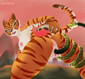 anthro anus bent_over breasts duo female female/female feral genitals looking_at_another looking_back nipples nude outside rear_view snaked unbirthing vaginal vore vulva wooodies8 dreamworks kung_fu_panda master_tigress master_viper felid mammal pantherine reptile scalie snake tiger viper absurd_res hi_res