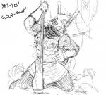 2018 anthro biped black_and_white clothed clothing comic dancing dialogue english_text eyes_closed fangs hladilnik kneeling lol_comments male mammal monochrome muscular muscular_anthro muscular_male open_mouth pole pole_dancing rodent simple_background skaven solo teeth text undressing warhammer_(franchise) warhammer_fantasy weapon white_background