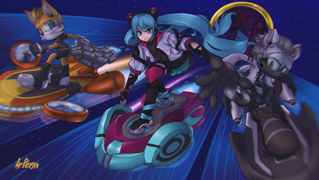 anthro female group male trio r3gu1u5 netflix sega sonic_prime sonic_racing:_crossworlds sonic_the_hedgehog_(series) vocaloid yamaha_corporation fan_character hatsune_miku tails_nine canid canine fox human lemur mammal primate ring-tailed_lemur strepsirrhine 16:9 hi_res widescreen
