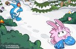 anthro buckteeth bunny_costume clothing costume duo easter_egg evergreen_tree feral fur holidays male on_model outside pine_tree pink_body pink_fur plant rabbit_ears red_body red_skin shrub snow teeth text tree unknown_artist club_penguin easter avian bird penguin puffle rabbit_puffle english_text hi_res