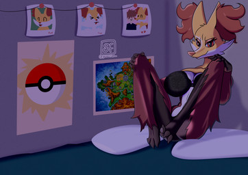 anthro bed big_breasts black_body black_clothing black_fur bra breasts butt claws clothed clothing eyelashes eyeshadow female fur furniture inner_ear_fluff lying makeup map markings navel on_bed paws photo pokeball red_body red_eyes red_fur solo suggestive suggestive_look text topwear tuft underwear white_body white_fur yellow_body yellow_fur gamesfan nintendo pokemon braixen canid canine delphox fennekin generation_6_pokemon humanoid mammal pokemon_(species) absurd_res digital_media_(artwork) english_text hi_res signature
