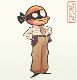 accessory anthro bottomwear brown_bottomwear brown_clothing brown_pants clothing hands_on_hips male monotone_background necktie orange_body pants shirt simple_background smile solo standing text topwear white_background white_clothing white_shirt white_topwear koiyaroid amphibian frog hi_res japanese_text