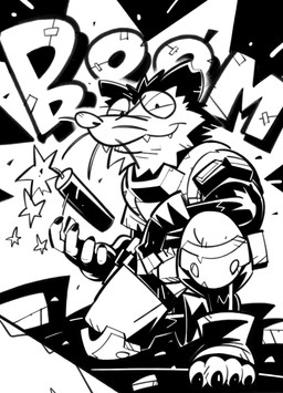 anthro bulletproof_vest clothing dynamite evil_grin explosion explosives fangs fingerless_gloves footwear gloves handwear kneeling looking_at_viewer male notched_ear on_one_knee onomatopoeia smile solo sound_effects teeth text toeless_footwear whiskers yamagataya epic_games fortnite skillet_(fortnite) american_opossum mammal marsupial virginia_opossum 2025 black_and_white digital_drawing_(artwork) digital_media_(artwork) hi_res monochrome