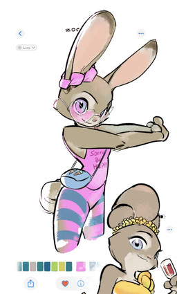 anthro bag beverage breasts clothed clothing ears_as_hair eyewear female fingers fur glasses grey_body grey_fur hair_bun_ears leggings legwear long_ears looking_at_viewer purple_eyes scut_tail short_tail solo standing tail butterfish8199 disney zootopia judy_hopps european_rabbit lagomorph leporid mammal oryctolagus rabbit hi_res