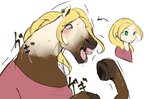 blonde_hair blue_eyes brown_body clothing ear_piercing female hair hooves mid_transformation open_mouth piercing shirt simple_background solo topwear transformation white_background yajima equid equine horse human mammal 2016 hi_res