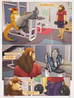 anthro athletic_wear barefoot beard biped blue_bottomwear blue_clothing blue_footwear blush blush_lines bottomwear brown_body brown_hair brown_mane bulge clothed clothing dialogue dumbbell duo erection erection_under_clothing exercise facial_hair feet footwear fully_clothed fur grey_bottomwear grey_clothing grey_pants gym hair holding_object horn humanoid_feet inside male male/male male_anthro mane mirror muscular muscular_anthro muscular_male pants plantigrade purple_bottomwear purple_clothing red_clothing red_hair red_shirt red_topwear scales shirt shoes shorts sitting sneakers sniffing speech_bubble sportswear standing sweatpants tail tail_tuft tan_body tan_fur tank_top text thinking thought_bubble toes topwear tuft weights white_clothing white_horn white_shirt white_topwear window yellow_body yellow_fur yellow_scales thaz_(artist) mythology thaz_(character) dragon eastern_dragon felid lion mammal mythological_creature mythological_scalie pantherine scalie comic english_text hi_res