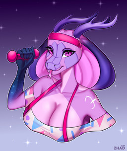 anthro big_breasts breasts cleavage clothed clothing exercise female pose power purple_eyes smile solo sport star text three-quarter_view tongue tongue_out weightlifting workout zhadart reptile scalie snake artist_name bust_portrait digital_drawing_(artwork) digital_media_(artwork) english_text hi_res portrait