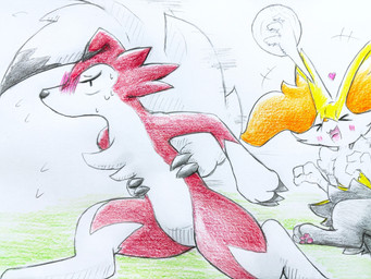 >o< ambiguous_anthro ambiguous_gender anthro biped black_claws blush bodily_fluids chasing claws digitigrade duo emanata eyes_closed featureless_crotch flying_sweatdrops heart_symbol nude_ambiguous nude_anthro open_:3 open_mouth open_smile running side_view simple_background smile snout speech_bubble sweat sweatdrop tongue eiroru nintendo pokemon braixen canid generation_6_pokemon generation_7_pokemon lycanroc mammal midnight_lycanroc pokemon_(species) 2024 4:3 colored_pencil_(artwork) graphite_(artwork) hi_res traditional_media_(artwork)