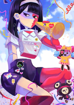 ambiguous_gender black_eyes black_hair bottomwear breasts chibi clothed clothing eyebrows female floating_arms floating_head floating_torso group hair hat headgear headwear multicolored_body red_body shirt shorts smile split_color sticker topwear trio two_tone_body white_body white_skin usagimarumei ena:_dream_bbq ena_(series) ena_(dream_bbq) froggy_(ena) green_ena hourglass_dog_(ena) mezo_(usagimarumei) taski_maiden_(ena) amphibian amphibian_humanoid animal_humanoid canid canine canis domestic_dog ena_(species) frog_humanoid humanoid mammal digital_media_(artwork) hi_res