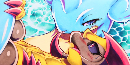 ambiguous_gender anthro blue_body blue_eyes blue_skin blush bodily_fluids breasts claws duo embarrassed eyelashes female feral green_body half-closed_eyes narrowed_eyes non-mammal_breasts open_mouth red_eyes surprised sweat tongue water 025aki nintendo pokemon generation_1_pokemon generation_5_pokemon haxorus lapras pokemon_(species) reptile scalie 2023 absurd_res dated hi_res signature