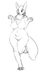 2016 anthro big_breasts breasts canid canine canis chest_tuft digital_drawing_(artwork) digital_media_(artwork) domestic_dog female genitals mammal monochrome navel nipples nude on_one_leg pussy simple_background solo standing tail tongue tongue_out tuft watsup white_background wide_hips