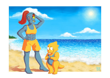 3_toes 4_fingers 5_fingers 5_toes abs anthro beach biceps biped blue_body blue_clothing blush border bottomwear bra breasts buckteeth cleavage clothed clothing cloud detailed_background duo ear_frill eye_patch eyelashes eyeshadow eyewear fangs feet female fingers frill_(anatomy) front_view glasses hair hand_behind_head hand_on_hip humanoid_feet humanoid_hands light looking_away looking_up makeup membrane_(anatomy) membranous_frill midriff muscular muscular_female navel non-mammal_breasts one-piece_swimsuit outside outside_border overweight overweight_female pince-nez plant plantigrade ponytail pose red_hair sand sea seaside shadow shorts shy size_difference sky small_breasts smile spikes sports_bra standing sun sunlight swimwear tail teeth thick_tail thick_thighs toes topwear tree underwear water white_border yellow_body yellow_bottomwear yellow_clothing yellow_tail yellow_topwear nina-rosa-draw undertale undertale_(series) alphys undyne animal_humanoid aquatic aquatic_humanoid fish fish_humanoid humanoid reptile scalie 2017 digital_media_(artwork) digital_painting_(artwork) full-length_portrait lighting painting_(artwork) portrait
